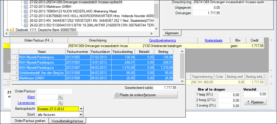 Boekhoudvenster: Voorbeeld van het selecteren van meerdere facturen (verzamelpost).