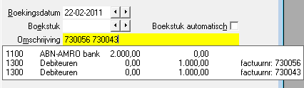 Het boekingsvoorstel na het ingeven van twee factuurnummers.