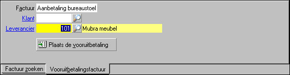 Het vervolgvenster van het veld Factuur (F4...) met tabblad Vooruitbetalingsfactuur.