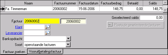 Het vervolgvenster van het veld Factuur (F4...) met tabblad Factuur zoeken.