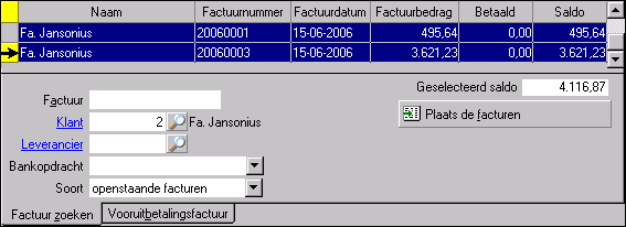 Het vervolgvenster van het veld Factuur (F4...) met tabblad Factuur zoeken.