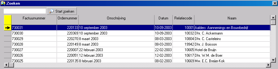 De laatst gemaakte factuur staat bovenaan in de lijst met facturen.